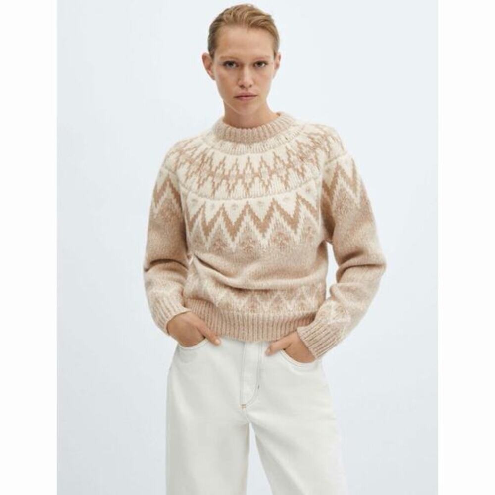 NWT For the Republic‎ Fair Isle Chunky Knit Beige Tan Crewneck Sweater